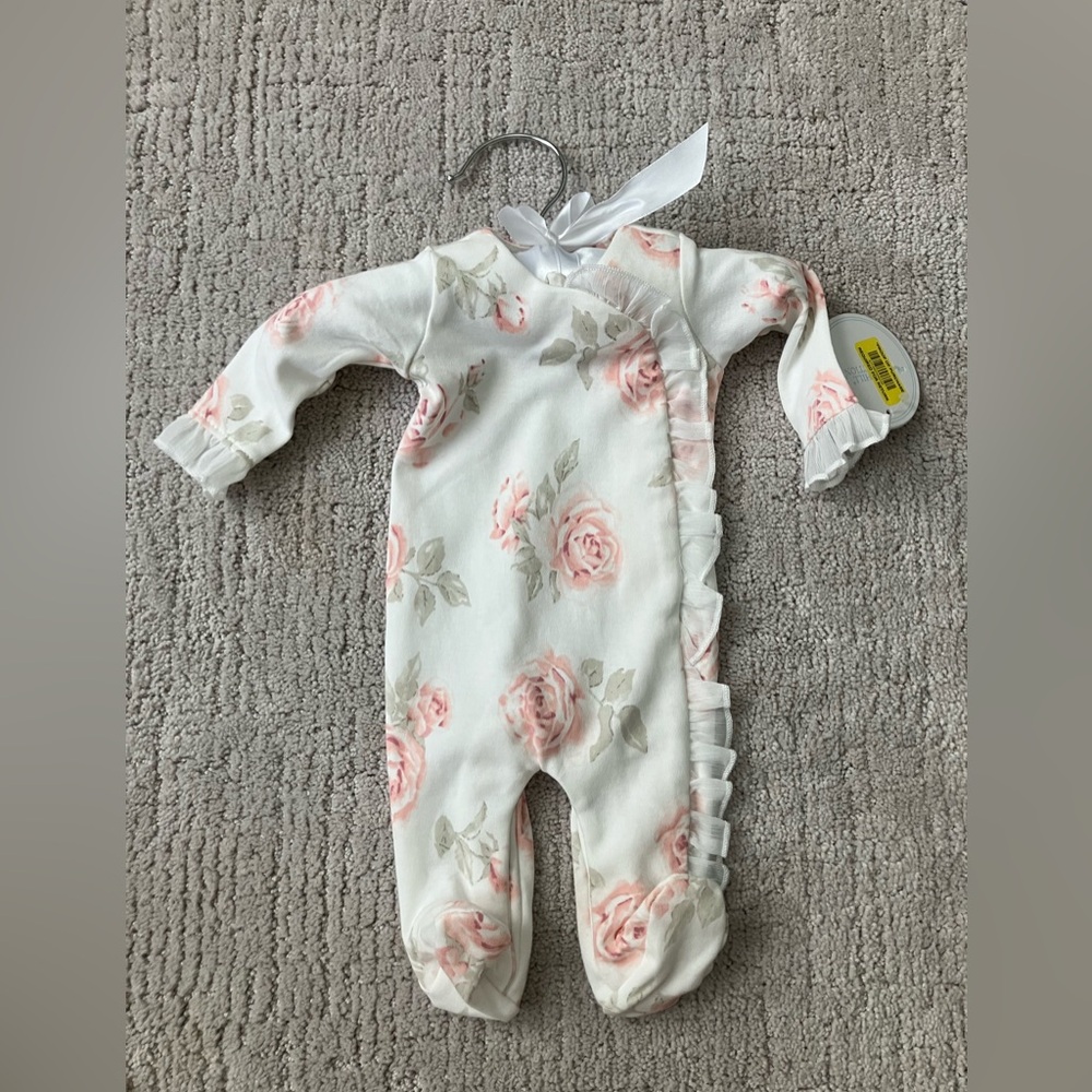 Baby Girls Floral Ruffle-Detailed Footie Coverall and Blanket NWT
